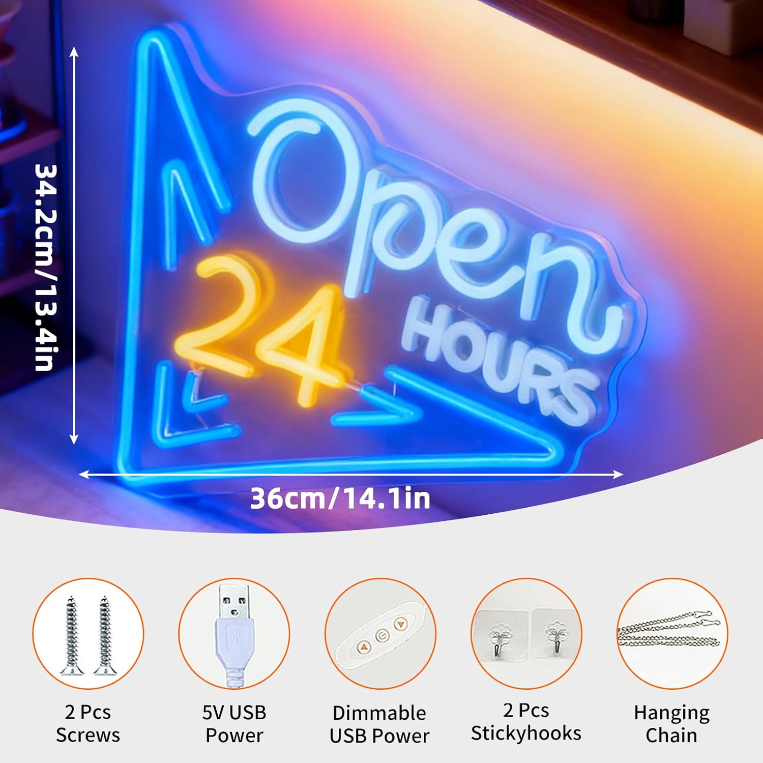  24 Hours Open Neon Sign USB  - Decor Lighting Opening Hours recension och pris